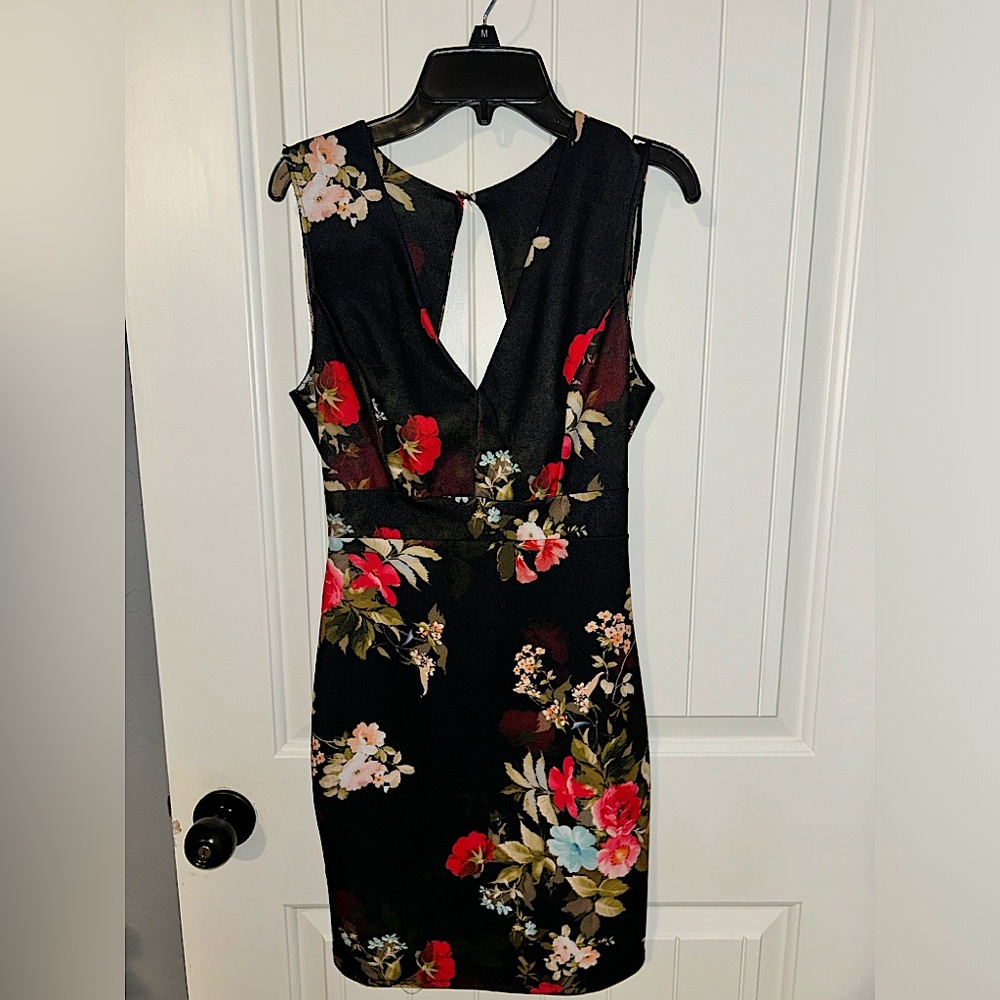 Black Floral Mini Dress with cut out back SIZE Small